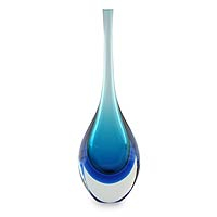 Handblown art glass vase, 'Levitating Sky' - Blue Art Glass Murano Inspired Vase