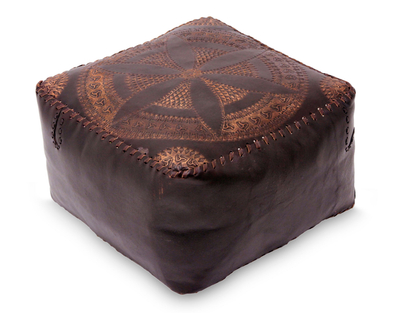 Leather ottoman cover, 'Floral Magnificence' - Handcrafted Brown Leather Ottoman Cover