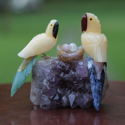 Calcite and amethyst sculpture, Macaw Family