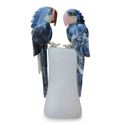 Quartz and sodalite sculpture, 'Blue Macaw Sweethearts' - Handmade Quartz and Sodalite Bird Sculpture from Brazil