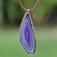 Agate pendant necklace, 'Uniquely Lilac' - Agate and Sterling Silver on Leather Necklace