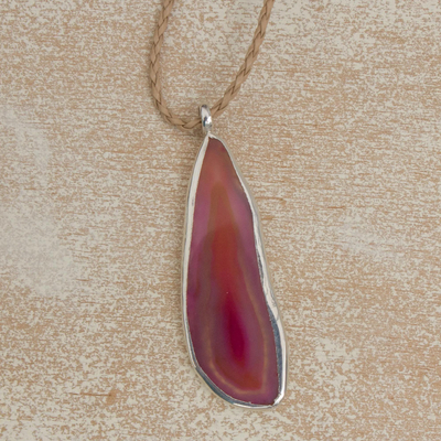 Agate pendant necklace, 'Uniquely Pink' - Agate and Sterling Silver on Leather Necklace