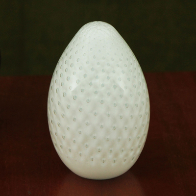 Handblown art glass paperweight, 'Milky White Egg' - Handblown Murano Inspired Glass Paperweight Sculpture