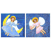 'Angels I' (diptych) - Set of 2 Naif Angel Paintings