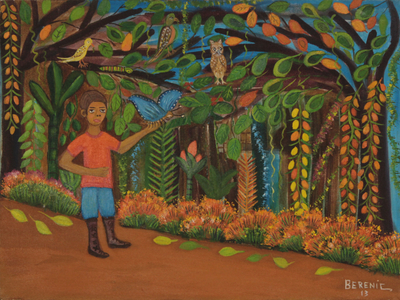 'Blue Butterfly' (2013) - Niño en la jungla brasileña, pintura de bellas artes firmada