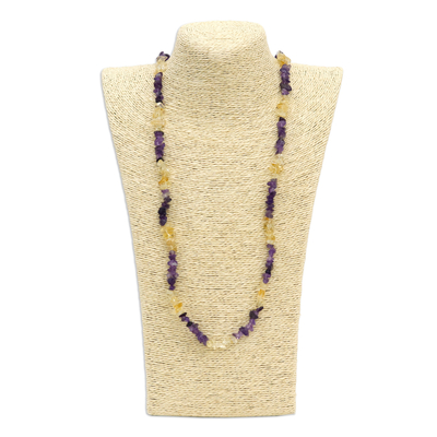 Amethyst and citrine long beaded necklace, 'Carioca Mystique' - Artisan Crafted Long Amethyst and Citrine Necklace