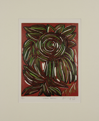'Tropische Sonnenblume - Rot und grün signierter Linoleum-Blockdruck