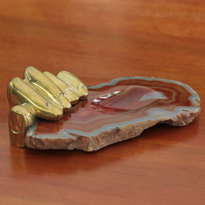 Bronze and caramel agate sculpture, 'Left Hand Agate I' - Bronze and Agate Soap Dish Sculpted Tray