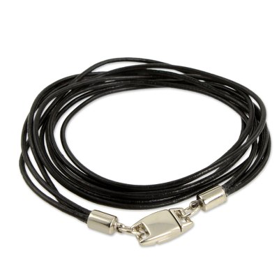 Leather wristband bracelet, 'Rio Triple Crown' - Black Leather Wrap Bracelet