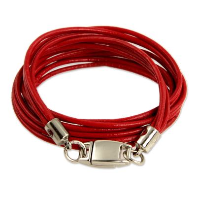 Leather wristband bracelet, 'Brazilian Triple Crown' - Red Leather Wrap Bracelet