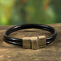 Black Leather Wrap Bracelet - Rio Triple Crown | NOVICA