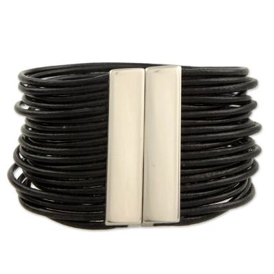 Leather wristband bracelet, 'Black Brazilian Glam' - Women's Black Leather Bracelet