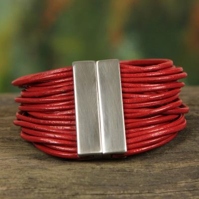 Leather wristband bracelet, 'Red Brazilian Glam' - Women's Red Leather Bracelet