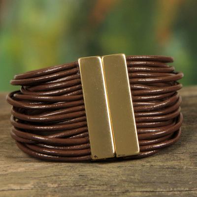 Leather wristband bracelet, 'Brown Brazilian Glam' - Women's Brown Leather Bracelet