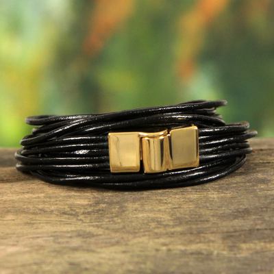 Leather wristband bracelet, 'Black Quadruple Spin' - 5-Strand Black Leather Wrap Bracelet