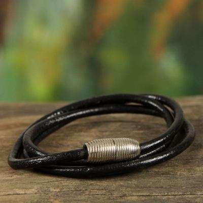 Men's leather wrap bracelet, 'Triple Black Embrace' - Men's Brazilian Leather Bracelet (Black)