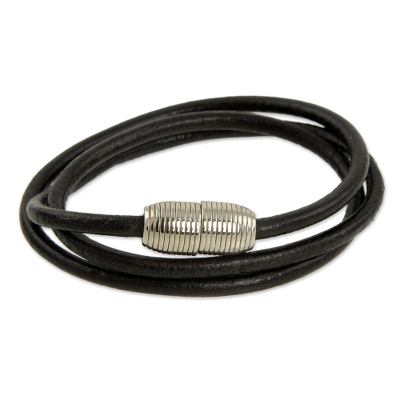 Men's leather wrap bracelet, 'Triple Black Embrace' - Men's Brazilian Leather Bracelet (Black)