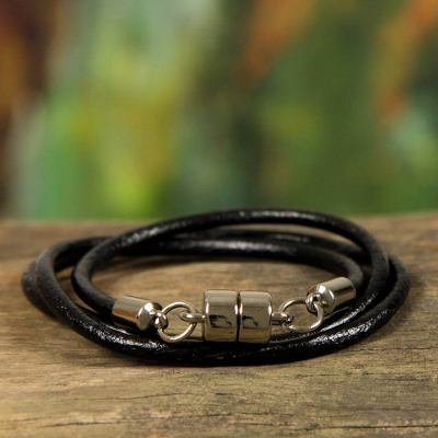 Men's leather wrap bracelet, 'Trio in Black' - Men's Black Leather Wrap Bracelet