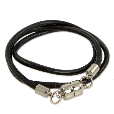 Men's leather wrap bracelet, 'Trio in Black' - Men's Black Leather Wrap Bracelet