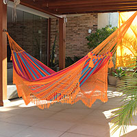 Cotton hammock, 'Carnaval' (double) - Brazilian Cotton Double Hammock with Orange Crochet