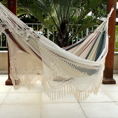 Cotton hammock, 'Joyous Earth' (double) - Brazilian Cotton Hammock Earth Tones Crocheted Trim (Double)