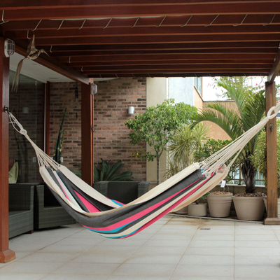Cotton hammock, 'Formosa Shadows' (Double) - Modern Colorful Striped Cotton Double Hammock from Brazil