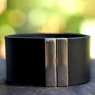 Men's leather wristband bracelet, 'Midnight Samba' - Men's Leather Wrap Bracelet with Magnetic Clasp from Brazil