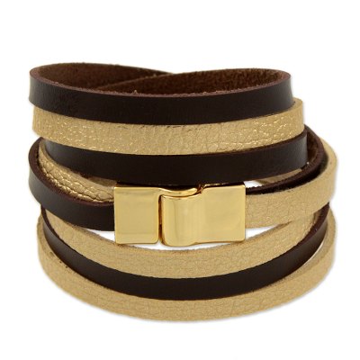 Gold accent wrap bracelet, 'Golden Brown Parallels' - Faux Leather Wrap Bracelet with Gold Plated Magnetic Clasp
