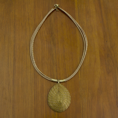 Golden grass pendant necklace, 'Jalapão Minimalism' - Brazilian Golden Grass Necklace with Gold Plated Accents