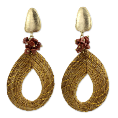 Golden grass and sunstone dangle earrings, 'Solar Chic' - Golden Grass and Sunstone Earrings with Gold Plated Accents