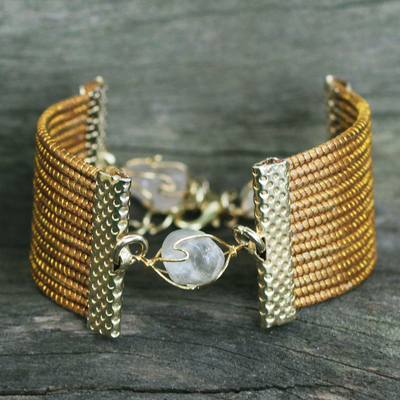 Golden grass and quartz wristband bracelet, 'Eco Guard' - Golden Grass and Quartz Handcrafted Wristband Bracelet