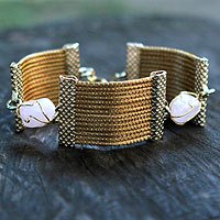 Golden grass and rose quartz wristband bracelet, 'Eco Romance' - Handcrafted Golden Grass and Rose Quartz Wristband Bracelet