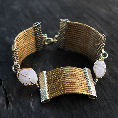 Golden grass and rose quartz wristband bracelet, 'Eco Romance' - Handcrafted Golden Grass and Rose Quartz Wristband Bracelet