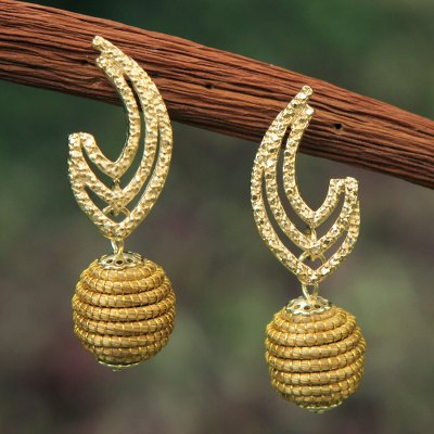 Gold plated golden grass dangle earrings, 'Golden Trophy' - Fair Trade Golden Grass Handcrafted Earrings