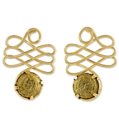 Gold plated golden grass drop earrings, 'Infinite Paths' - Fair Trade Golden Grass Handcrafted Drop Earrings