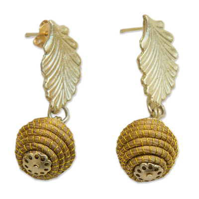 Gold plated golden grass dangle earrings, 'Golden Nature' - Fair Trade Golden Grass Handcrafted Dangle Earrings