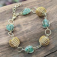 Pulsera de eslabones de hierba dorada y ágata - Pulsera artesanal de eslabones de ágata verde y hierba dorada