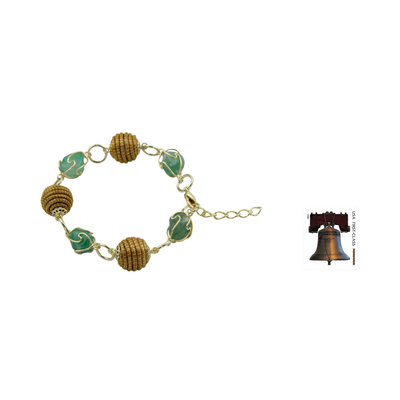 Goldenes Gras- und Achat-Gliederarmband - Handgefertigtes Gliederarmband aus grünem Achat und goldenem Gras