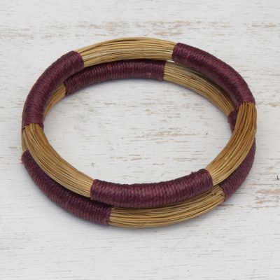 Golden grass bangle bracelets, 'Jalapão Harmony' (pair) - Pair of Artisan Crafted Golden Grass Bangle Bracelets