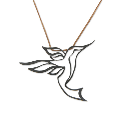 Sterling silver and leather pendant necklace, 'Hummingbird' - Handmade Oxidized Sterilng Silver Hummingbird Necklace