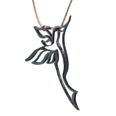 Halskette mit Anhänger aus Sterlingsilber und Leder - Handgefertigte Kolibri-Halskette aus oxidiertem, sterilem Silber