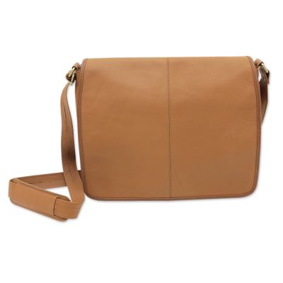 Men S Leather Satchel Brazilian Messenger Bag With Pockets Everywhere In Tan