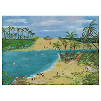 'Vacations on the Beach' - Stretched Brazilian Fine Art Naif Beach Scene Painting