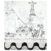 'Graffiti of Rio' - Brazilian Fine Art Naif Painting in Black and White