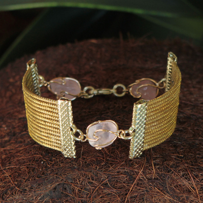 Golden grass and rose quartz wristband bracelet, 'Eco Guard' - Golden Grass and Rose Quartz Handcrafted Wristband Bracelet