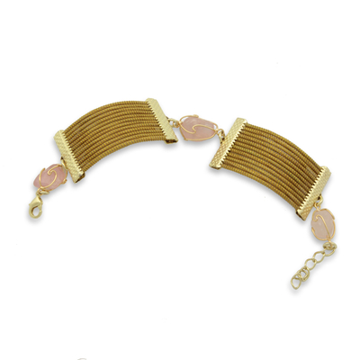 Golden grass and rose quartz wristband bracelet, 'Eco Guard' - Golden Grass and Rose Quartz Handcrafted Wristband Bracelet
