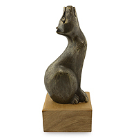 Bronze sculpture, 'Guardian of the Cats II' - Bronze Sculpture of Cat Looking Up on Mahogany Base