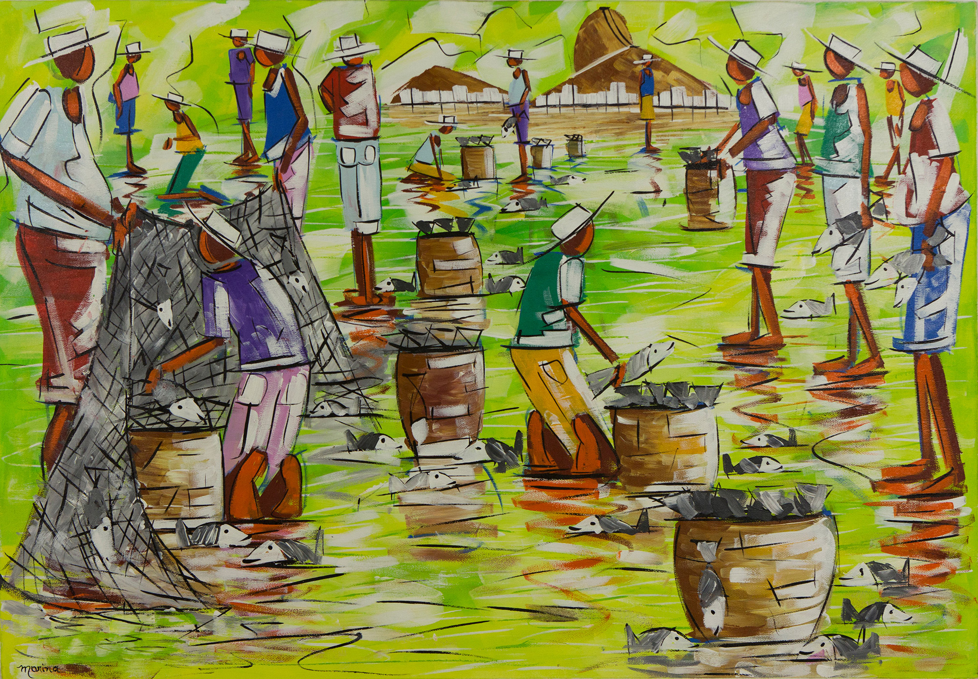 Colorful Acrylic Expressionist Painting from Brazil - Fishing