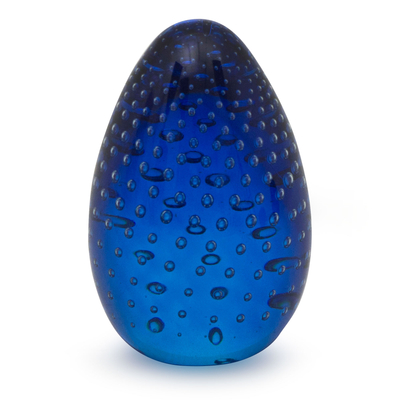 Handblown art glass paperweight, 'Infinite Ocean Egg' - Hand Blown Murano Inspired Blue Glass Paperweight