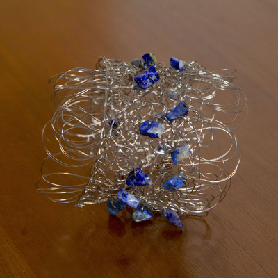 Lapis lazuli wristband bracelet, 'Azure Cloud' - Crocheted Stainless Wristband Bracelet with Lapis Lazuli